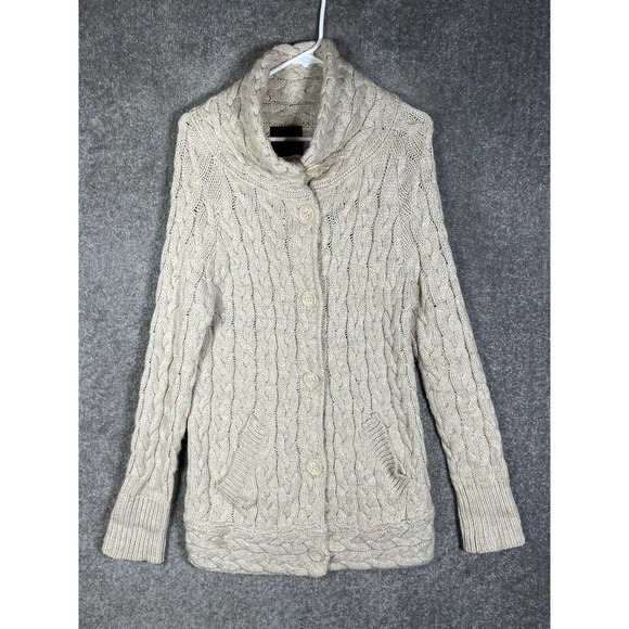 Zara Chunky Cable Knit Button Up Wool Acrylic Sweater Womens Small Pockets Beige - Picture 5 of 13